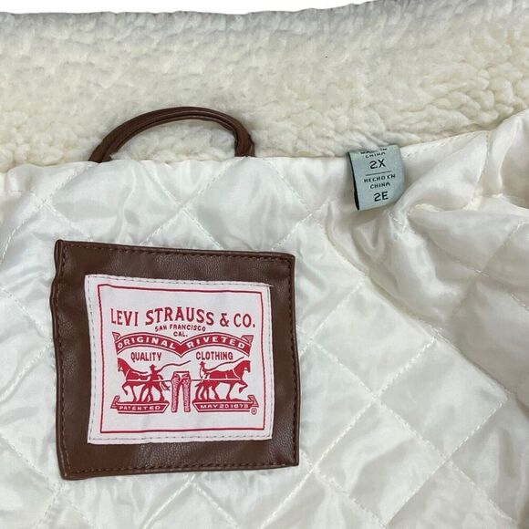 Levis Jacket WMNS 2X Cream Faux Sherpa Full Zip Brown Teddy Moto High Neck Cozy - Picture 4 of 15